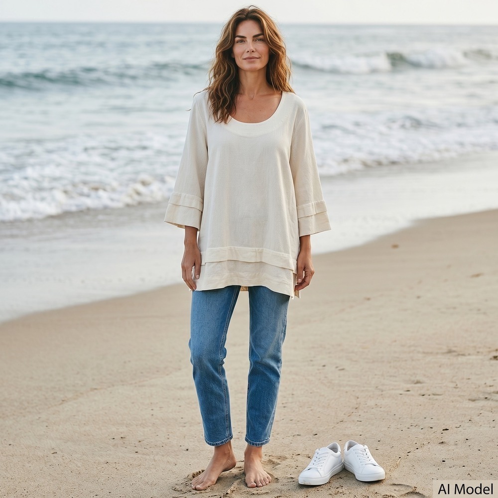 Soft Surroundings Woman's XL Beige / Cream 3/4 Sleeve Cotton Asymmetrical Hem